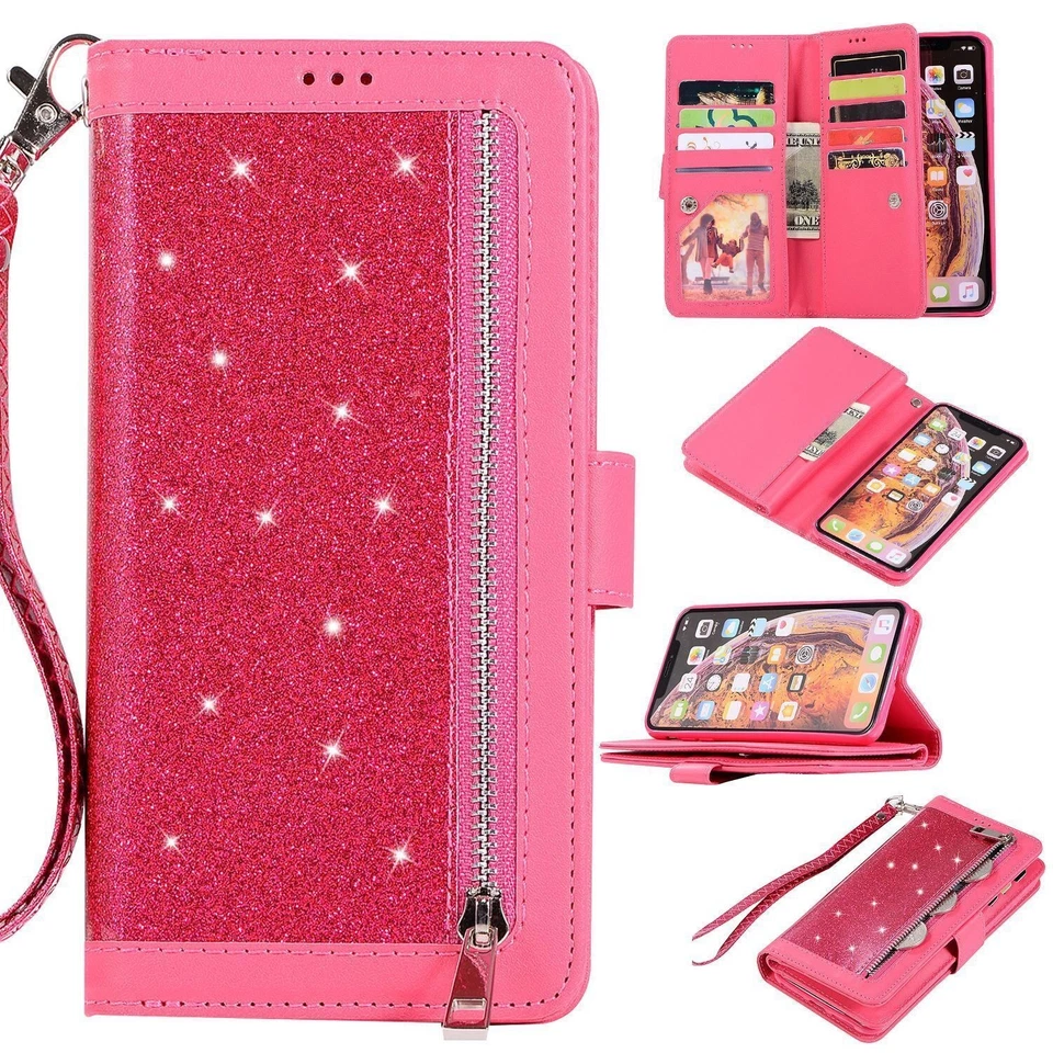 For iPhone 16 15 14 13 12 11 8 7 Pro Max SE Leather Wallet Phone Case Glittering - Image 4 of 4
