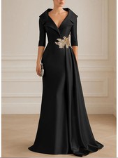 Elegant A-Line Stretch Fabric Dress Shirt Collar Floor Length 3/4 Sleeve Pleated