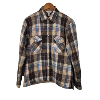 Vintage Hudsons Plaid Flannel Quilted Shirt Shacket Mens Medium Wool Blend Brown