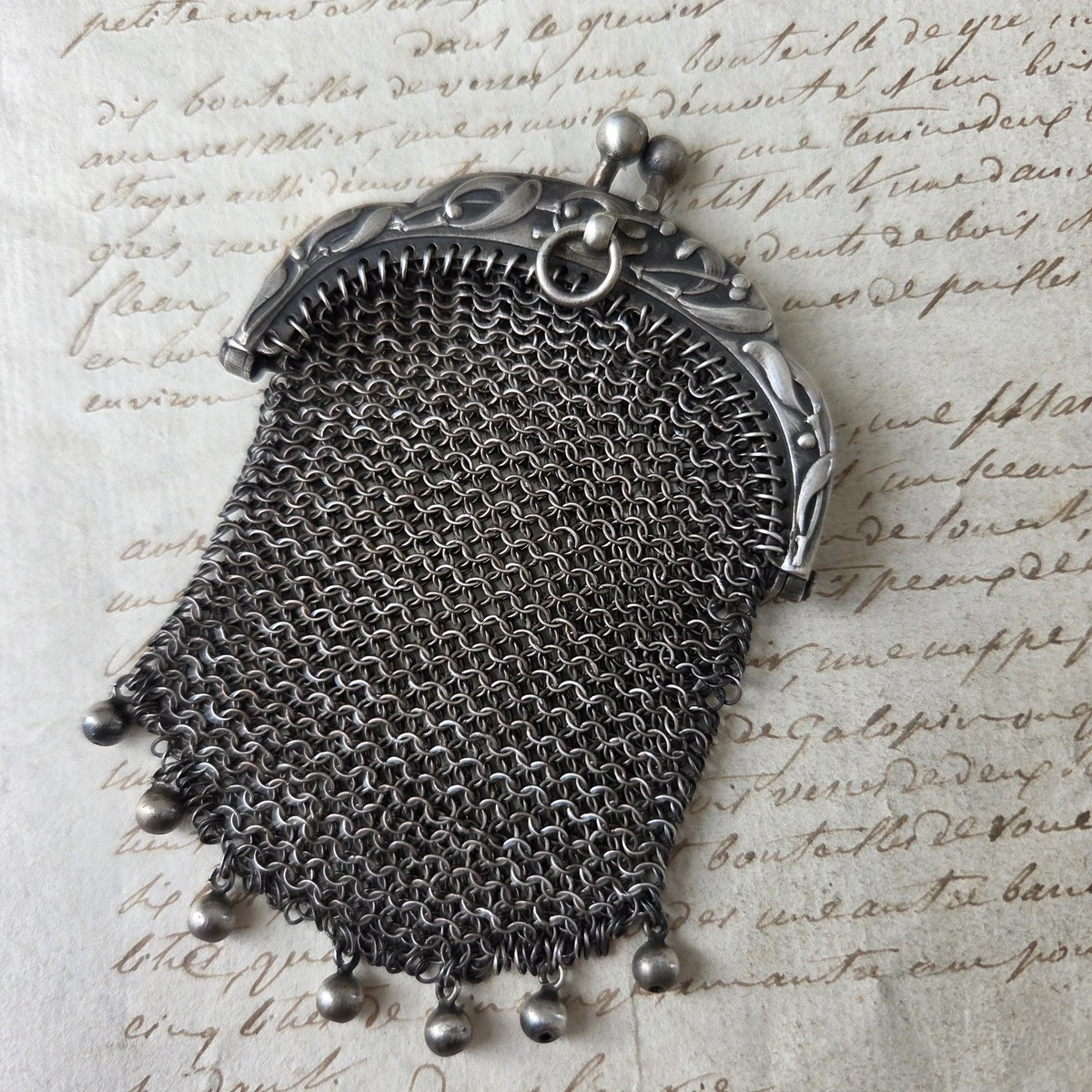 Porte-monnaie Art Déo Années 30 - Maille Métal Peint Jaune, Fermoir Pression