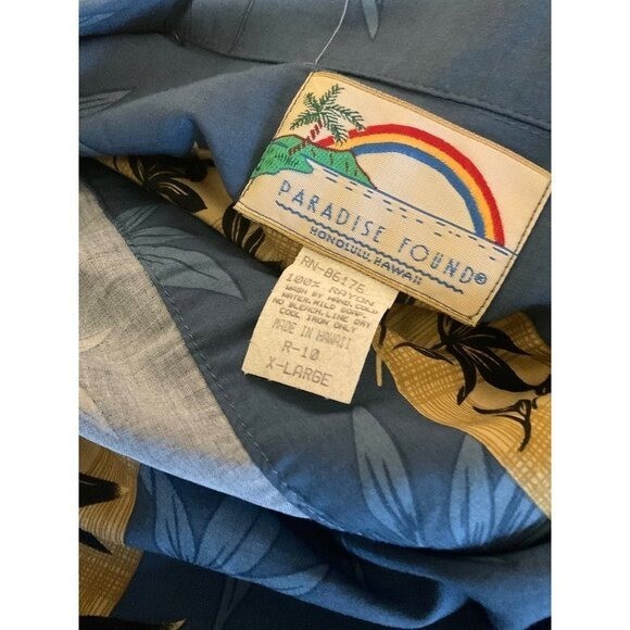 Paradise Found Hawaiian Button Down Shirt Blue Palm Print XL