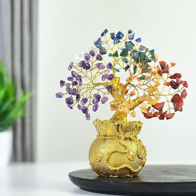 Zaicus Lucky Feng Shui 7 Chakra Baum Mit Geldbeutel Sockel - Heilstein Dekofigur