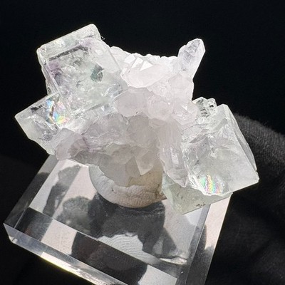 Natural Water-Clear Fluorite w/ Quartz Rare Specimen Raw Mineral w/ Acrylic Base