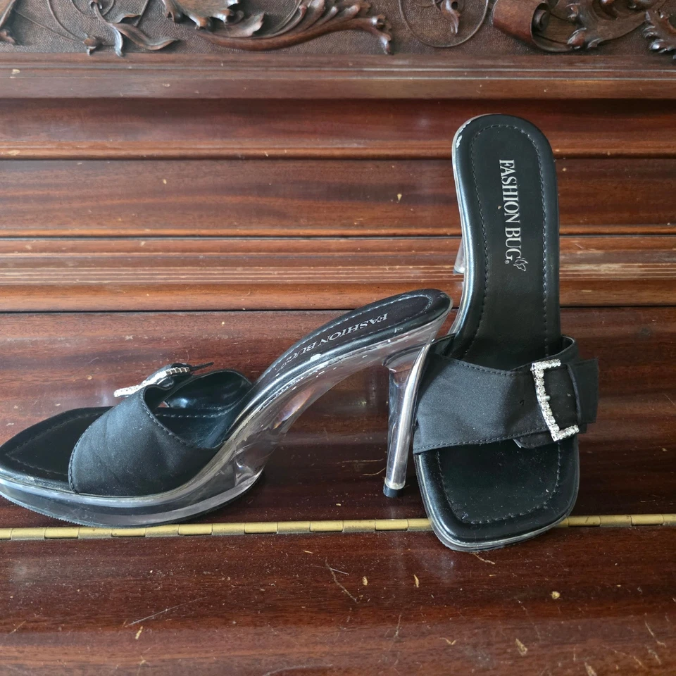 Vintage Fashion Bug Rhinestone Buckle Clear Heel Mules Slides Sandals - Image 4 of 4