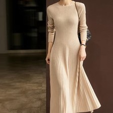 Wool Crew Neck Knitted Dress Long Sleeve Women Striped Pleated Long A-line Dress