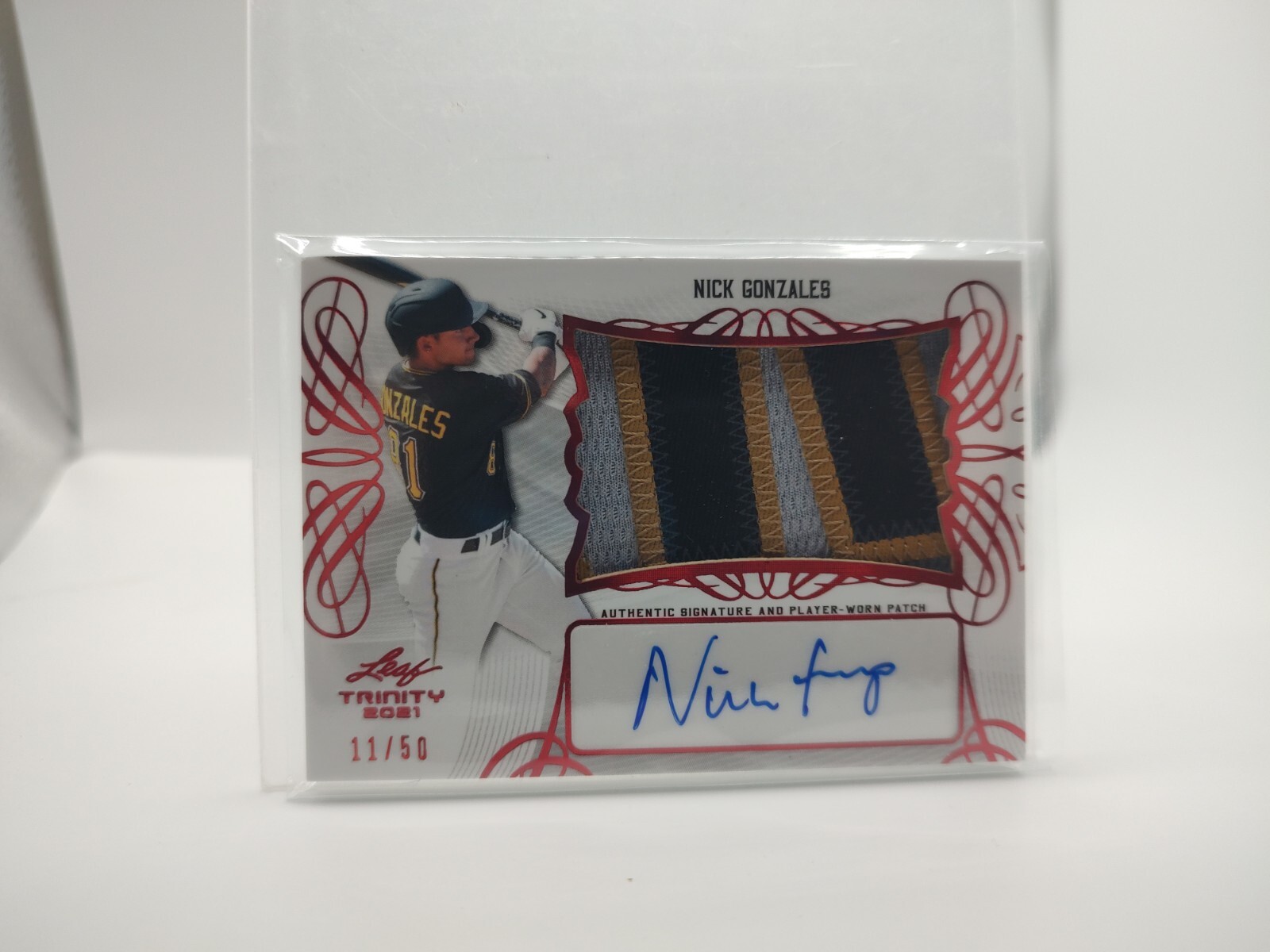 NICK GONZALES 2021 Leaf Trinity Jersey Patch Auto /50 #PA-NG2 Pittsburgh Pirates
