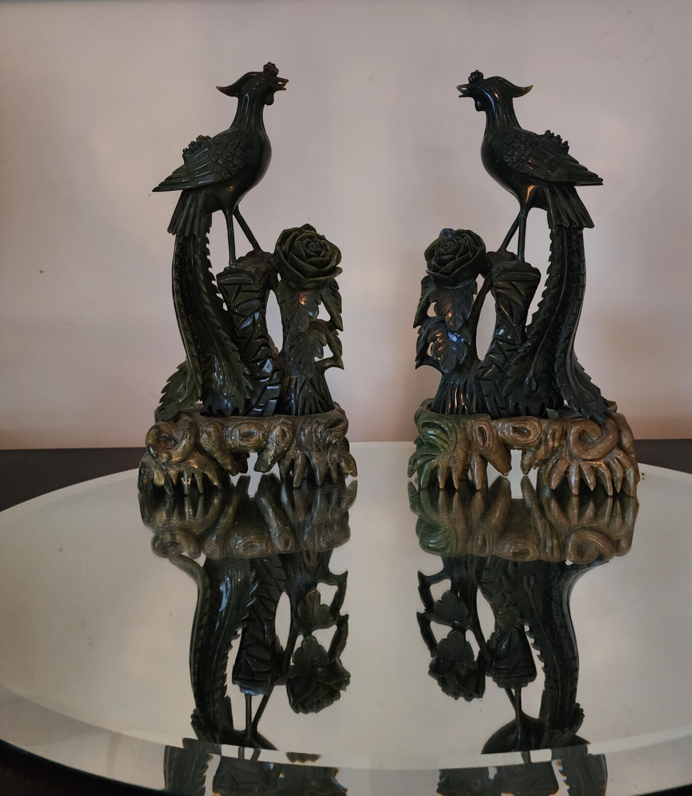 Pair intricate hand carved solid jade Peacocks eBay