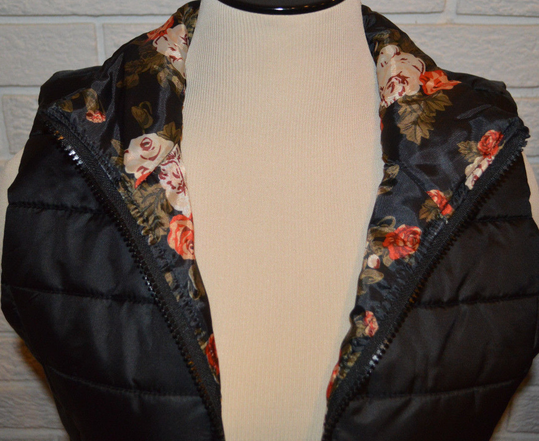 Women's Rue 21 Black Floral Sleeveless Full Zip Puffer Vest Size S, M, L, XL, 1X