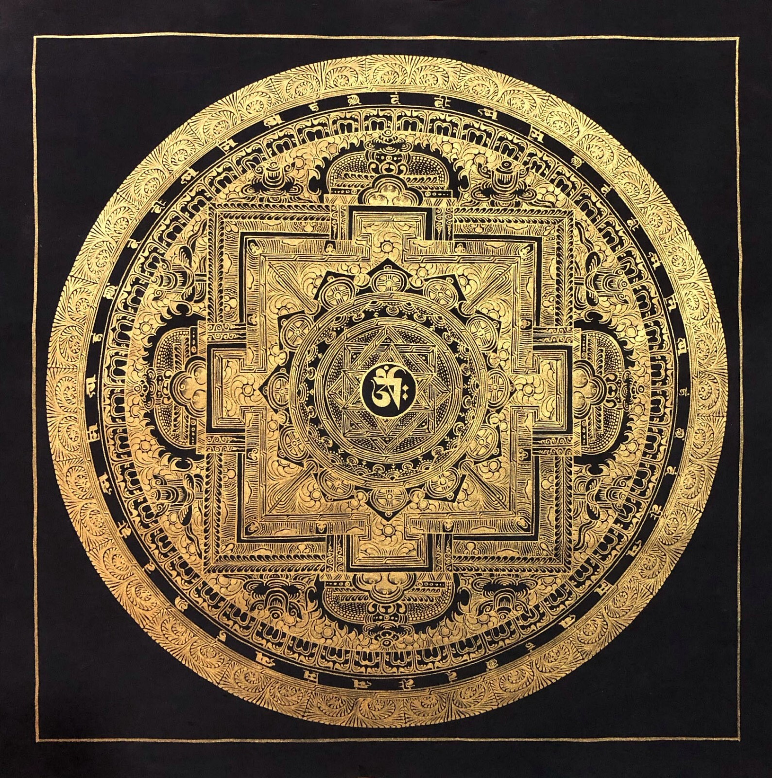 Om Black and Gold Round Mandala Thangka, Handmade Sacred Thangka Painting