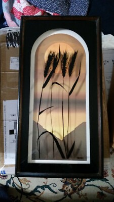 Vintage Virgil Thrasher Lucid Lines Series Ferns Wheat 3D Painted Glass 
