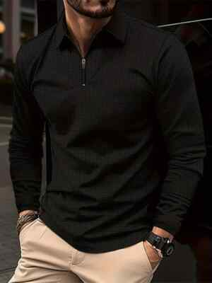 Polo T Shirts Waffle Men Zipper Collar Long Sleeve Solid Black