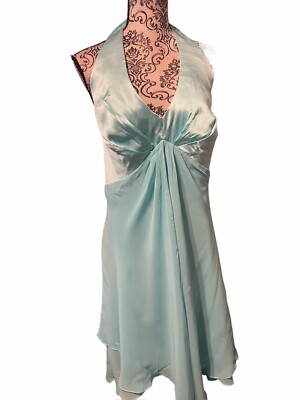 Donna Ricco Women Petite 22WP Blue Satin/Chiffon Halter Cocktail Dress 100% Silk