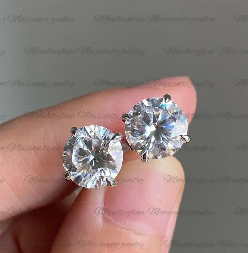 2 CT Round Moissanite Stud Earrings 14K White Gold Plated Push Back