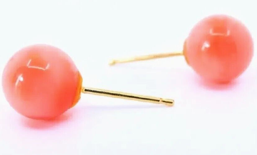 14K Yellow Gold 7mm Pink Coral Beaded Ball Stud Earrings 1.3 Grams