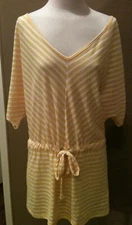 Umgee Medium Yellow Striped V-Neck Draw Waist Jersey Tunic T-Shirt Top