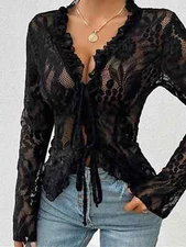Women Gothic Lace Shrug Crop Tops Flare Long Sleeve Vintage Shirts Blouses
