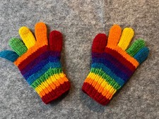 100 Wool Fleece Lined Hand Knit Rainbow Multi-color GLOVES made in Nepal