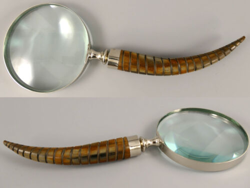 Glass magnifying glass, brass border leg handle and copper ca30cm long Dm10cm/2 - Picture 1 of 1