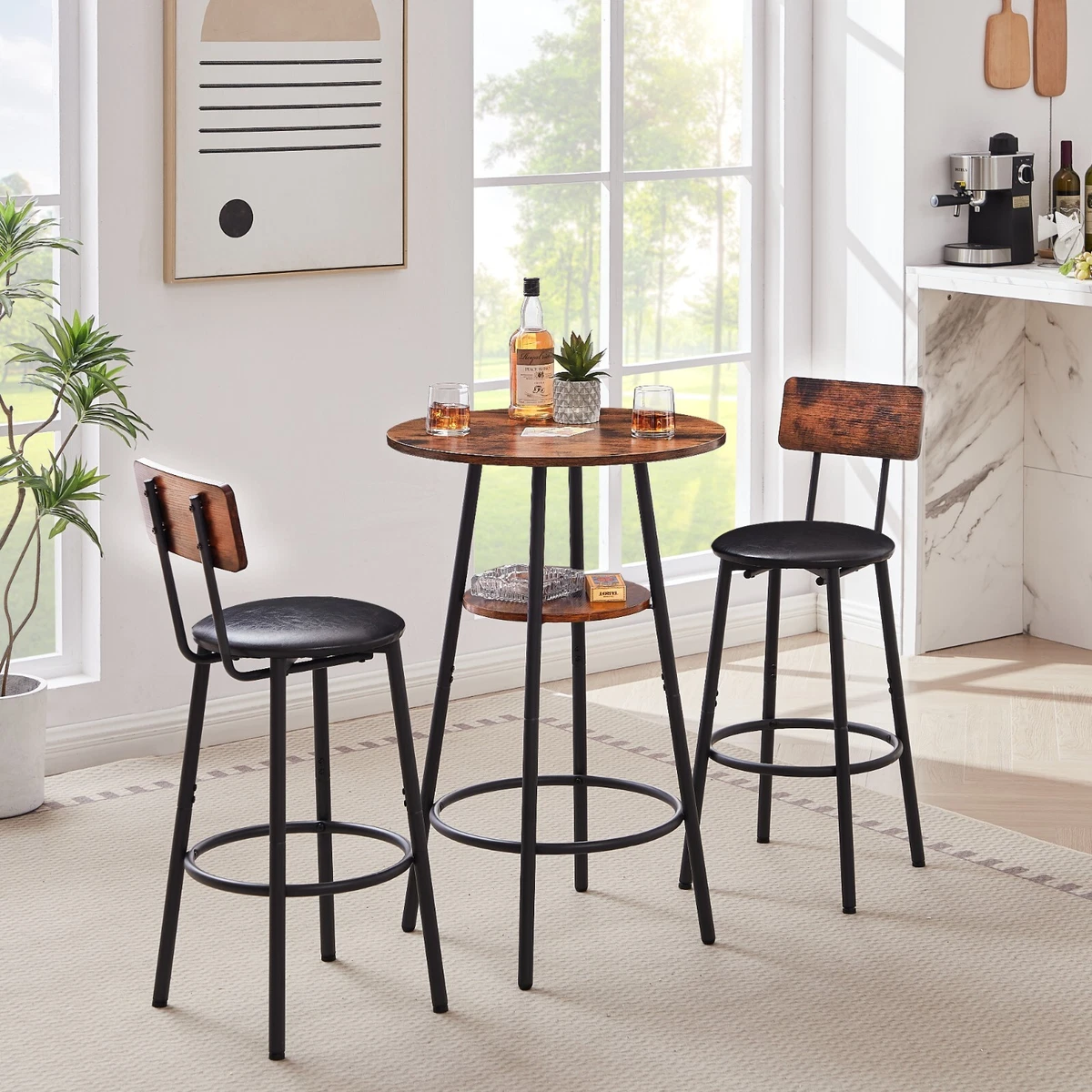 Round bar stool set with shelf upholstered stool with backrest
