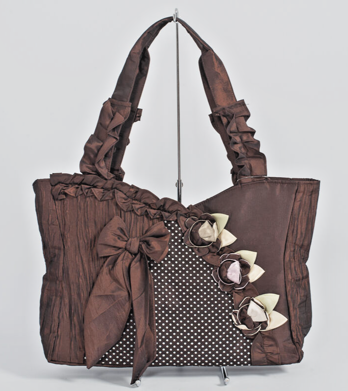 GORGEOUS BROWN TAFFETA HANDBAG WITH SATIN ROSES & BOW, ZIP CLOSING & ZIP POCKETS