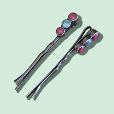Vintage 1980's Bobby Pins with Red  Green Painted Enamel Design - Made in UK