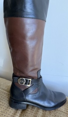 MICHAEL KORS Riding Boots Women 6.5 Brown Black Leather Tall Logo Buckle Zip EUC