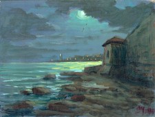 Dipinto Olio Tavoletta Livorno Marina Notturno Millus cm. 20  x 15