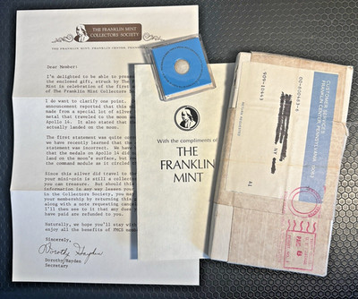 Apollo 14 Silver Mini-Coin Franklin Mint Collectors Society, Packaging & Letter