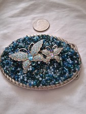 Oval Silvertoned Butterfly Beaded Belt Buckle 3 33/4 X 2 3/4" Blue Silver Beaded