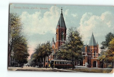 Old Vintage Private Postcard Dundas Centre London Canada w/ Streetcar