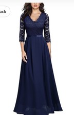 MISSMAY Retro Floral Lace Formal Dress Navy Blue Evening Dress Small Party Maxi