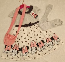 NUOVO SET COMPLETO MINNIE MOUSE 3 PEZZI OCCASIONE FESTA RAGAZZA VESTITO COLLANT BORSA 3/4 ANNI 