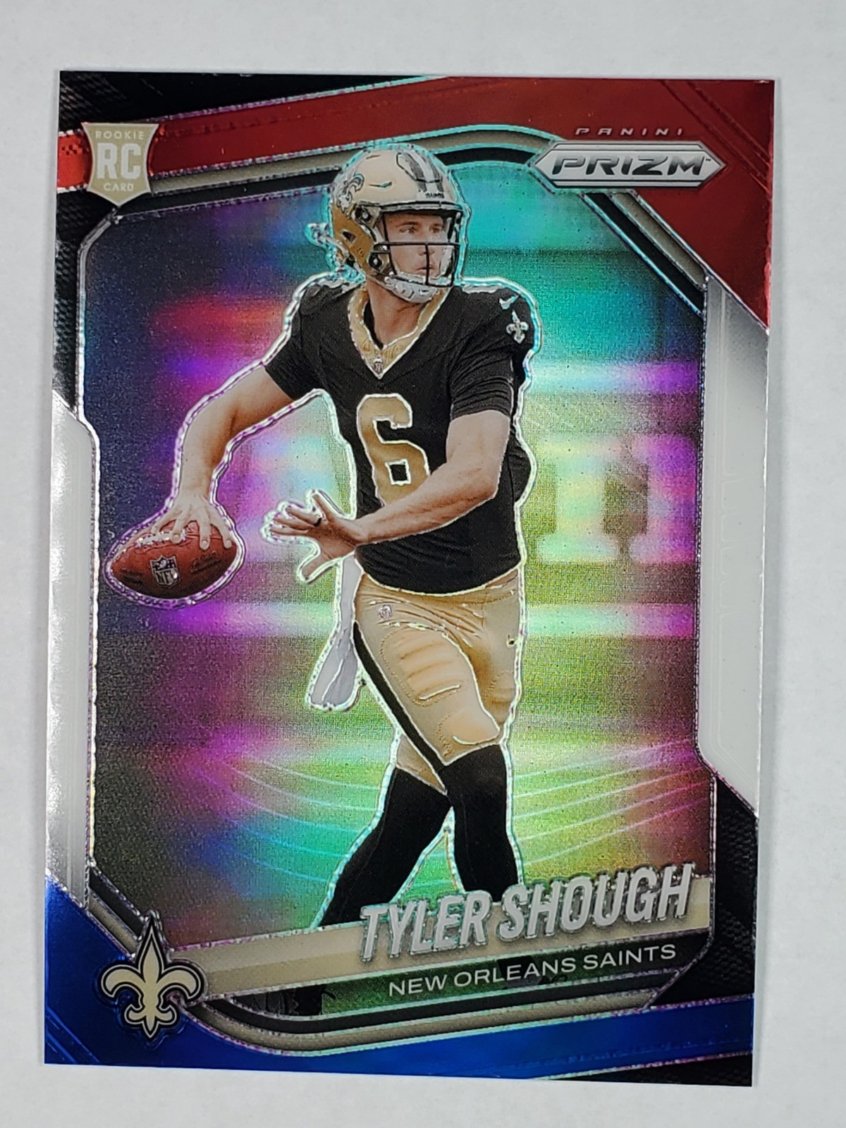 Tyler Shough 2025 Panini Prizm Red White and Blue 327 RC New Orleans Saints