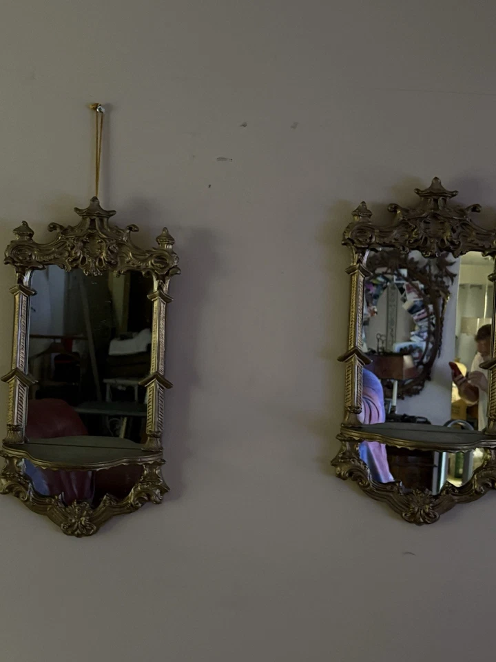 Vintage Pair Of Carved Wood Mirrored Wall Shelves Sconces - Image 4 of 4