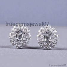 Floral Cluster Halo Stud Oval Cut 6x4mm Earring Settings 925 Sterling Silver