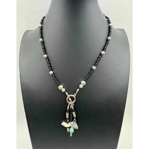 Vintage Fetish Black Bead Bird Silver Tone Necklace Faux Turquoise Bear Paw
