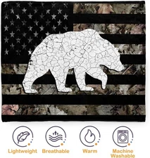 Camo American Flag Bear Fleece Throw Blanket Camouflage Soft 80"x60" Camo 80x60