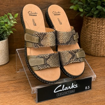 Clarks Collection Delana Fenela Wedge Heel Sandal Green Tan Snakeskin Women s