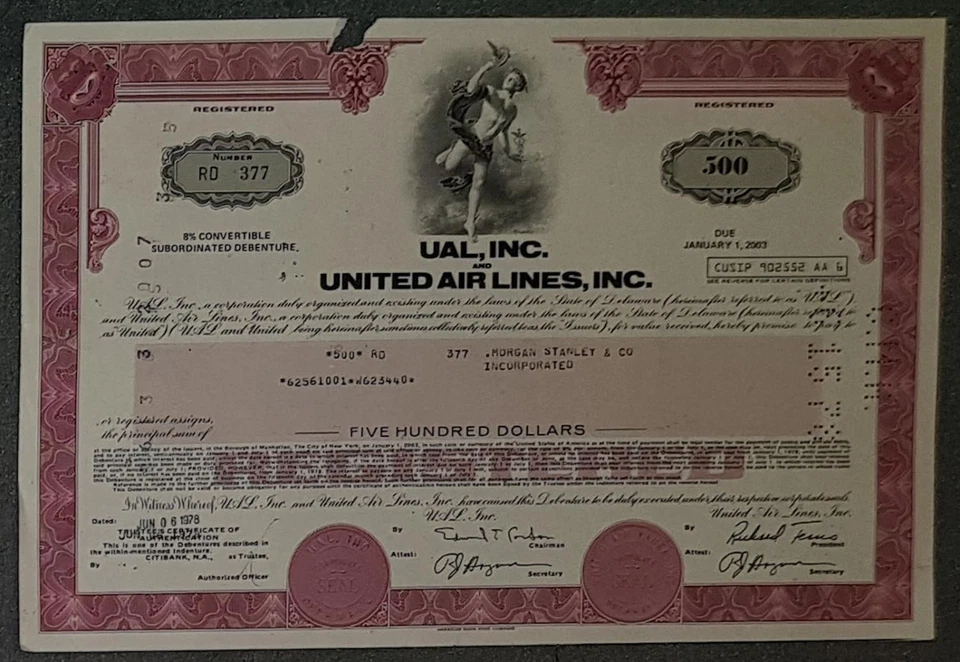 UAL, Inc. and United Air Lines, Inc. 1978 8 % Bond 500 US$ - Bild 1 von 1