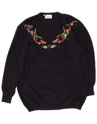 Calliope Womens Crew Neck Jumper Sweater UK 14 Medium Black Floral Angora CN11