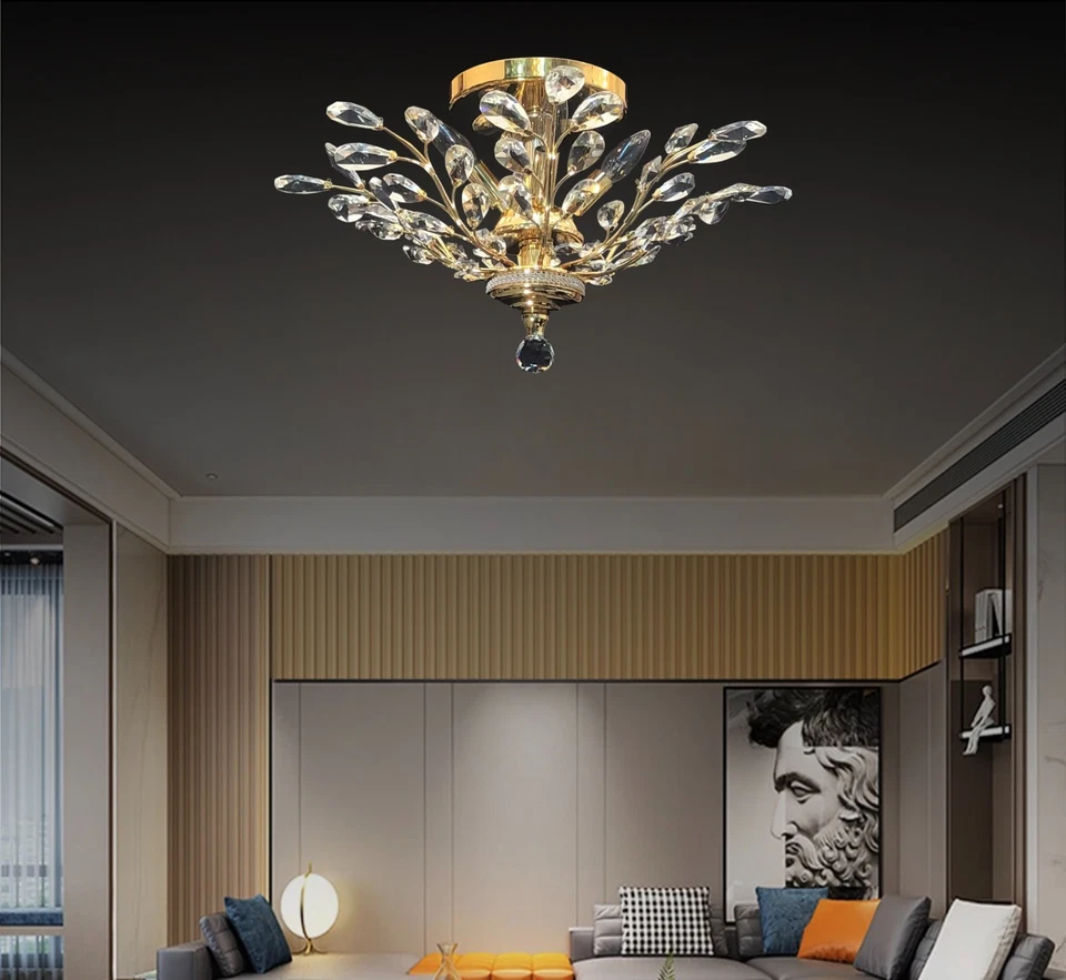 4灯优雅水晶天花板照明灯具镀金,D:21xH:15 — 第 3/3 张图片