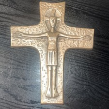 Mid-Century Modern Modernist Bronze Crucifix on Teak Wood Cross Wall Hanging