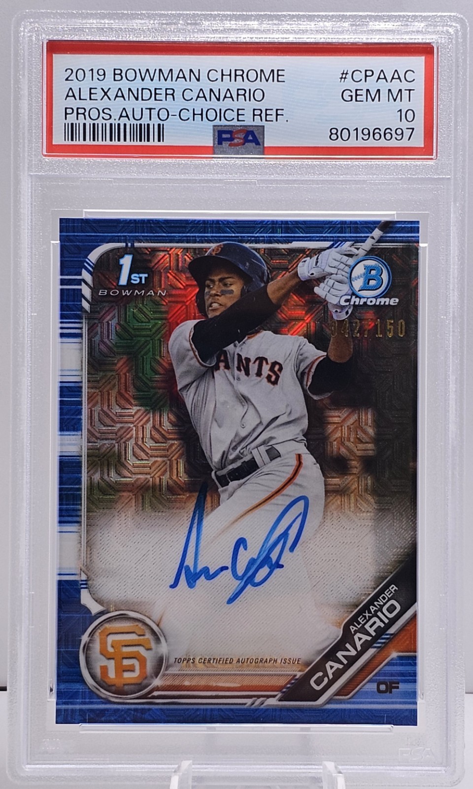 2019 Bowman Chrome Alexander Canario 1st Bowman Blue Choice Ref Auto /150 PSA 10