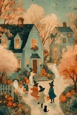 Vintage Halloween Trick or Treat Ghost Witch Autumn Village Poster
