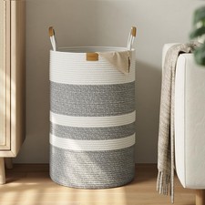 75L Gray Striped Laundry Hamper Leather Handles Foldable Cotton Rope Basket