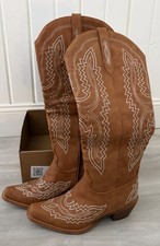 Women Western Cowgirl Boots Classic Embroidered Chunky Heel Knee High Square Toe