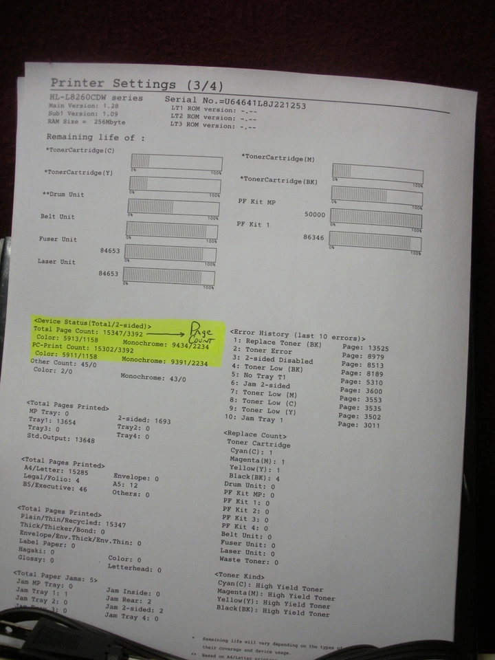 Brother HL-L8260CDW Wireless Duplex Network Color Printer Page Count 15,347 - Image 4 of 4