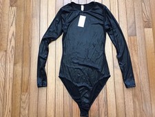 New American Apparel Small Polyester Elastan Long Sleeve Bodysuit Metallic Black