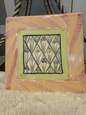 Vintage Mackenzie Childs Hand Painted Tile Trivet Bearded Iris 8x8
