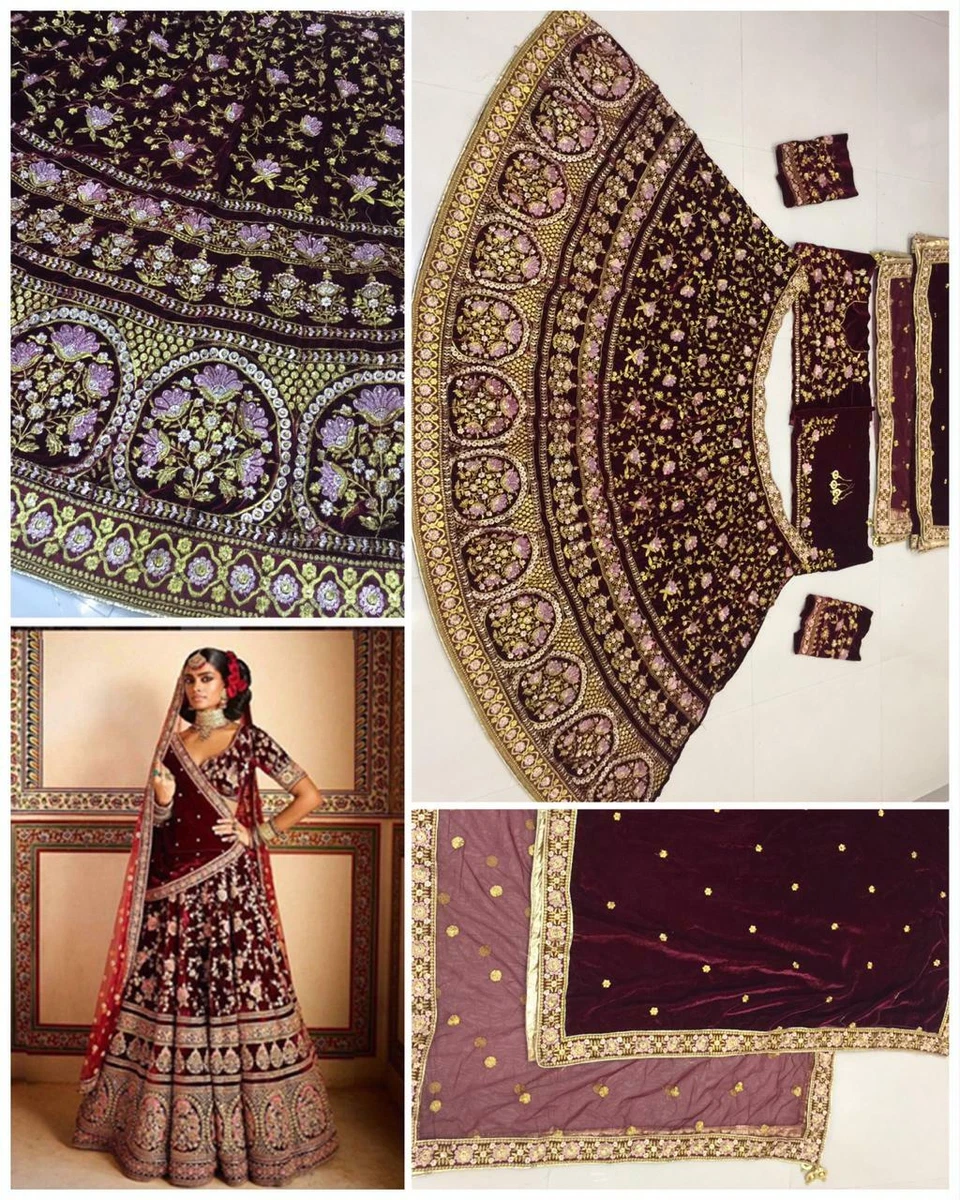 Maroon Bridal Lehenga Choli Shawl Indian Ethnic Wedding Wear Lengha Sari Lehanga